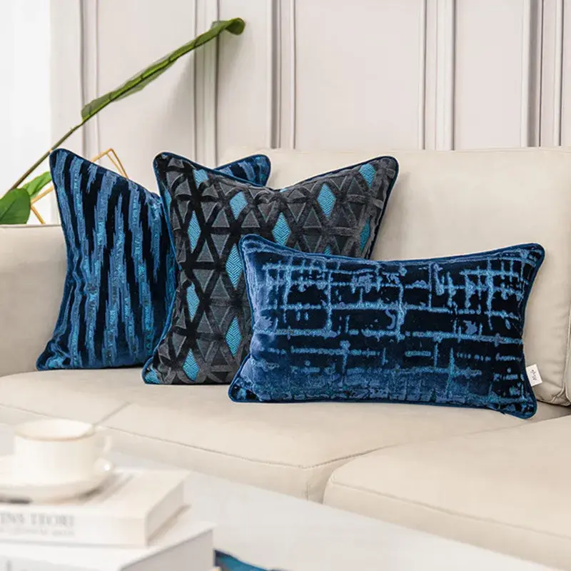 Luxury Blue Velvet Cushion Cover High-end Geometry Decorative Pillow Cover for Sofa Livingroom Pillowcase 30x50 45x45 50x50CM