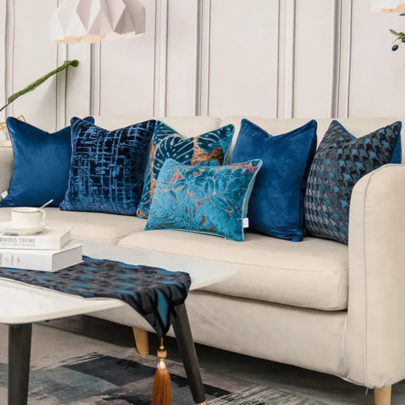 Luxury Blue Velvet Cushion Cover High-end Geometry Decorative Pillow Cover for Sofa Livingroom Pillowcase 30x50 45x45 50x50CM