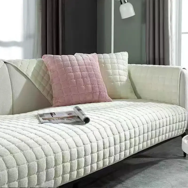 Winter Thick Plaid Plush Sofa Cover Warm Velvet Non-Slip Cushions Living Room Flannel Couch Covers Universal Armrest Back Towel