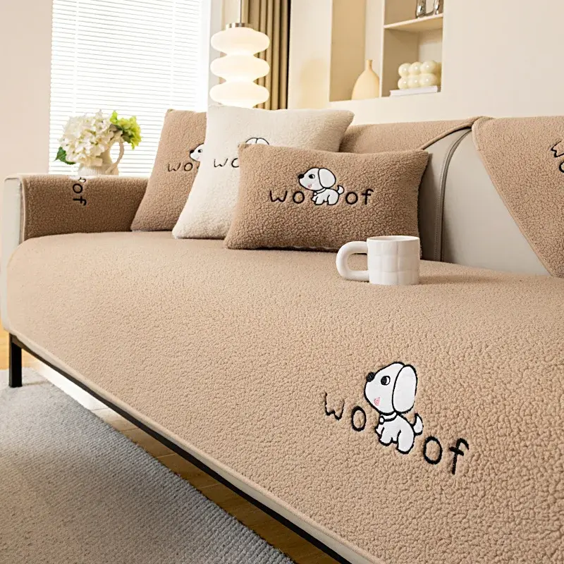 Winter Lamb Velvet Sofa Cushion Nonslip Embroidered Cartoon Sofa Cover Thickening Skin Friendly Couch Cover Solid Color Sofa Mat
