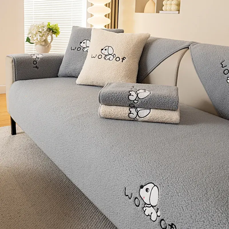 Winter Lamb Velvet Sofa Cushion Nonslip Embroidered Cartoon Sofa Cover Thickening Skin Friendly Couch Cover Solid Color Sofa Mat