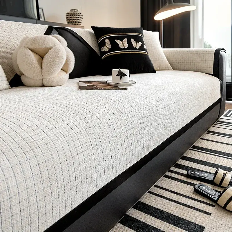 2024 Luxury Sofa Cover High-Quality Chenille Non-Slip Black Edge Sofa Cushion Friendly One-Piece Couch Protector Fits Armchairs