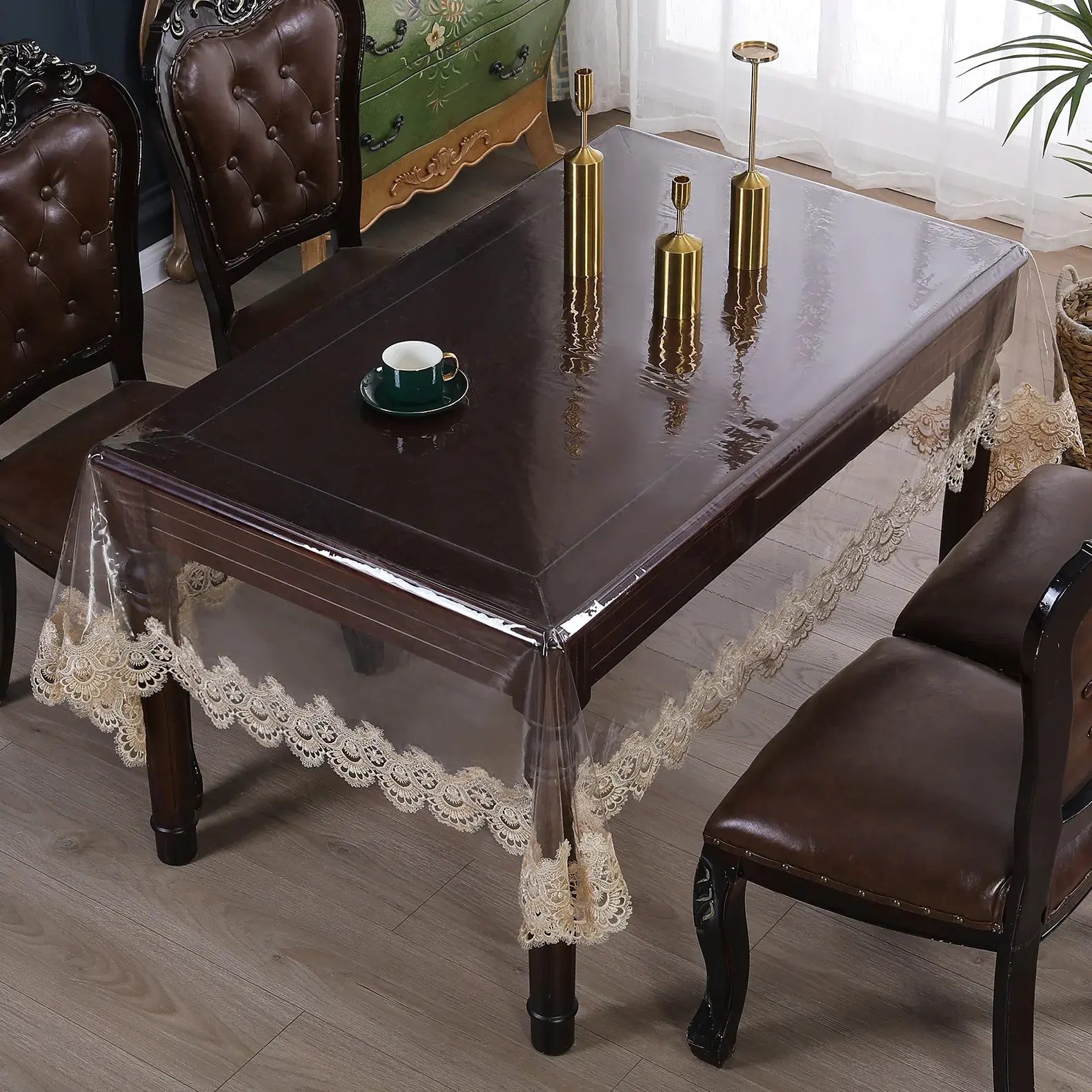 Waterproof Tablecloth PVC Transparent Soft White Lace Embroidered Oil-proof Table Cover Coffee Table Crystal Plate Table Cloth