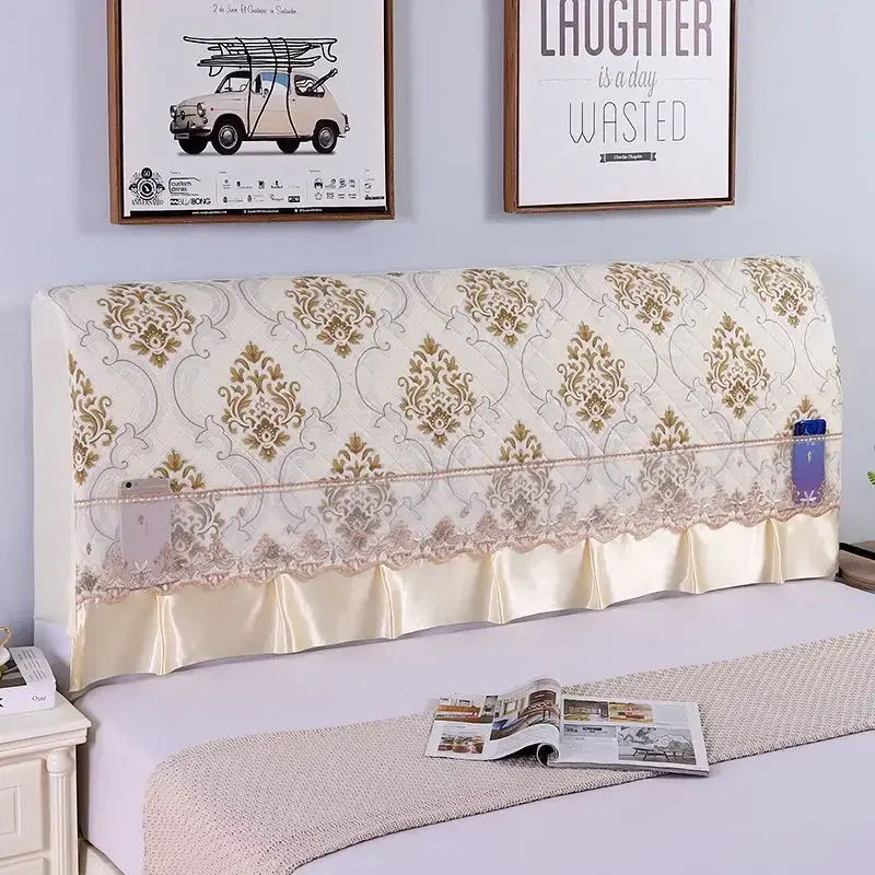 European luxury Lace Ruffle Bed Head Cover Embossed Padded Quilted Dust Protection Cover Bed Back Headboard Decorative Case