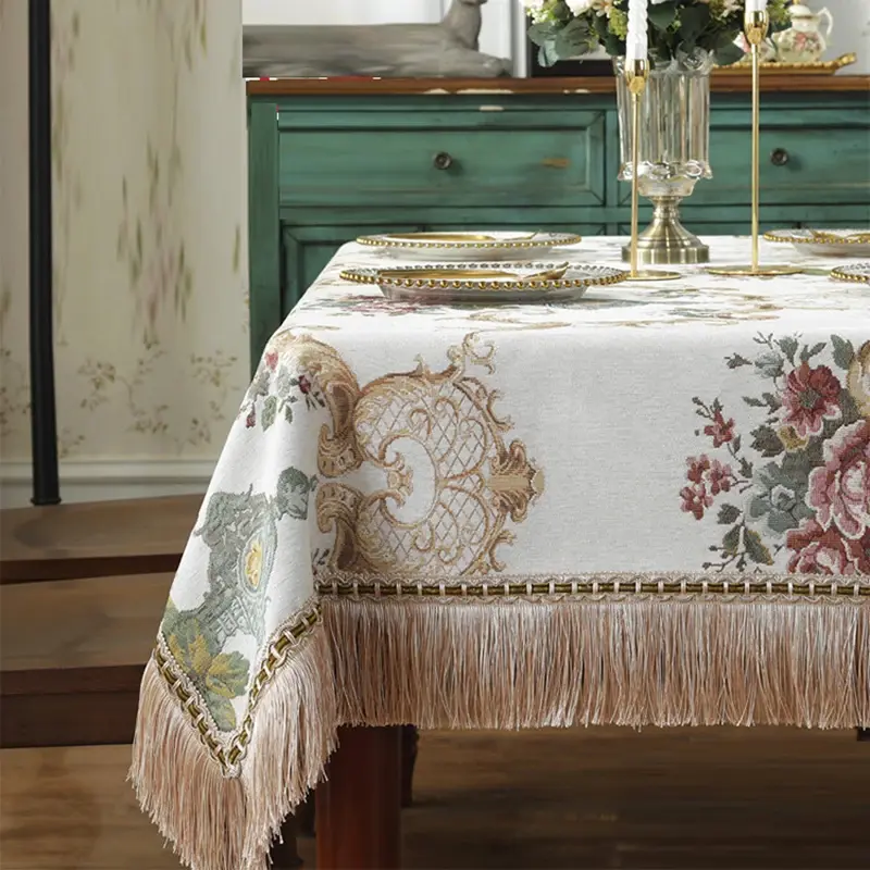 European Retro Dinning Tablecloth With Tassel Luxury Embroidery Table Cover Flower Elegant Table Cloth Decoration Living Room