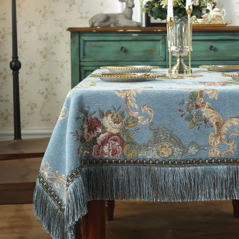 European Retro Dinning Tablecloth With Tassel Luxury Embroidery Table Cover Flower Elegant Table Cloth Decoration Living Room