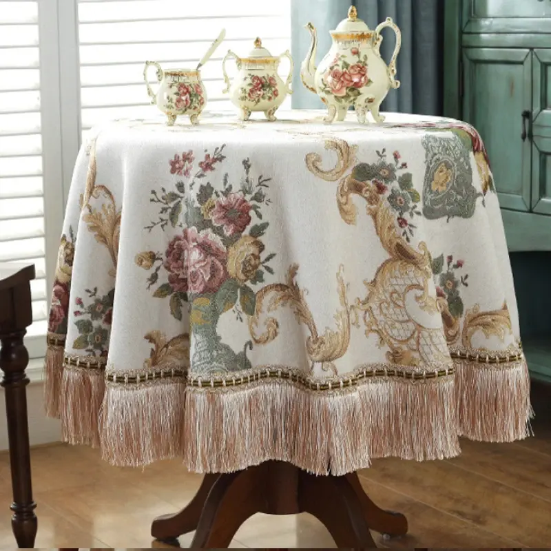European Retro Dinning Tablecloth With Tassel Luxury Embroidery Table Cover Flower Elegant Table Cloth Decoration Living Room