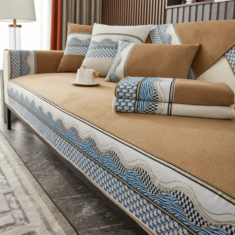 Waves Edge Sofa Cover Four Seasons Universal Chenille Sofa Pad Striped Sofa Mat for Living Room Non-Slip L Shaped Couch Cushion