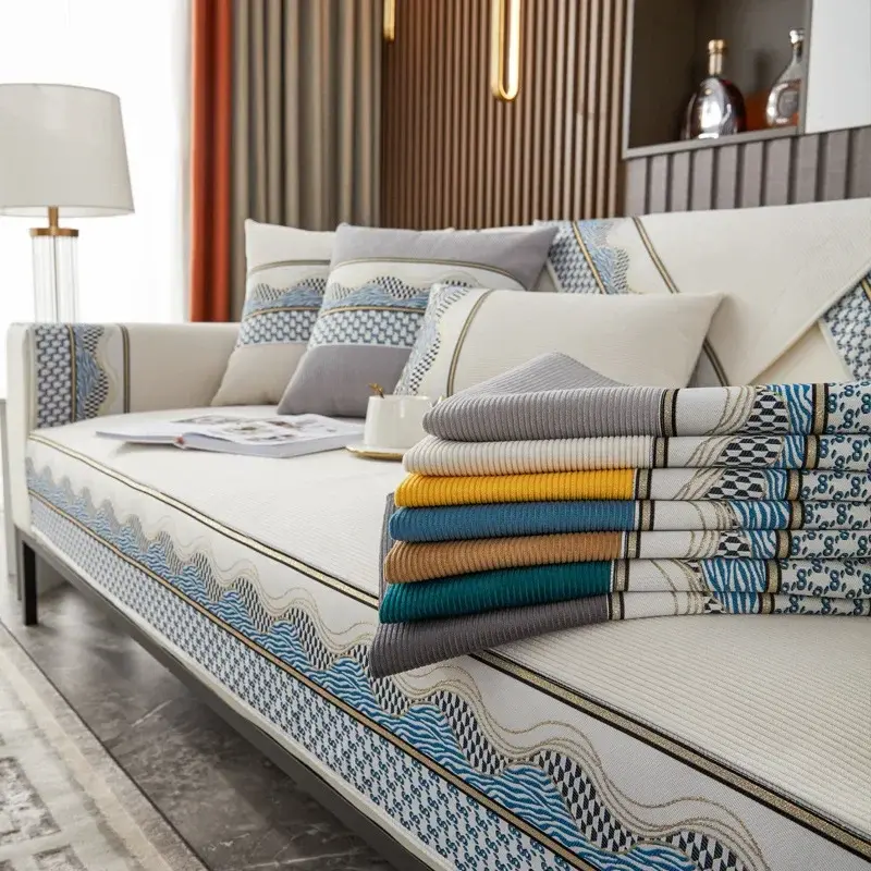 Waves Edge Sofa Cover Four Seasons Universal Chenille Sofa Pad Striped Sofa Mat for Living Room Non-Slip L Shaped Couch Cushion