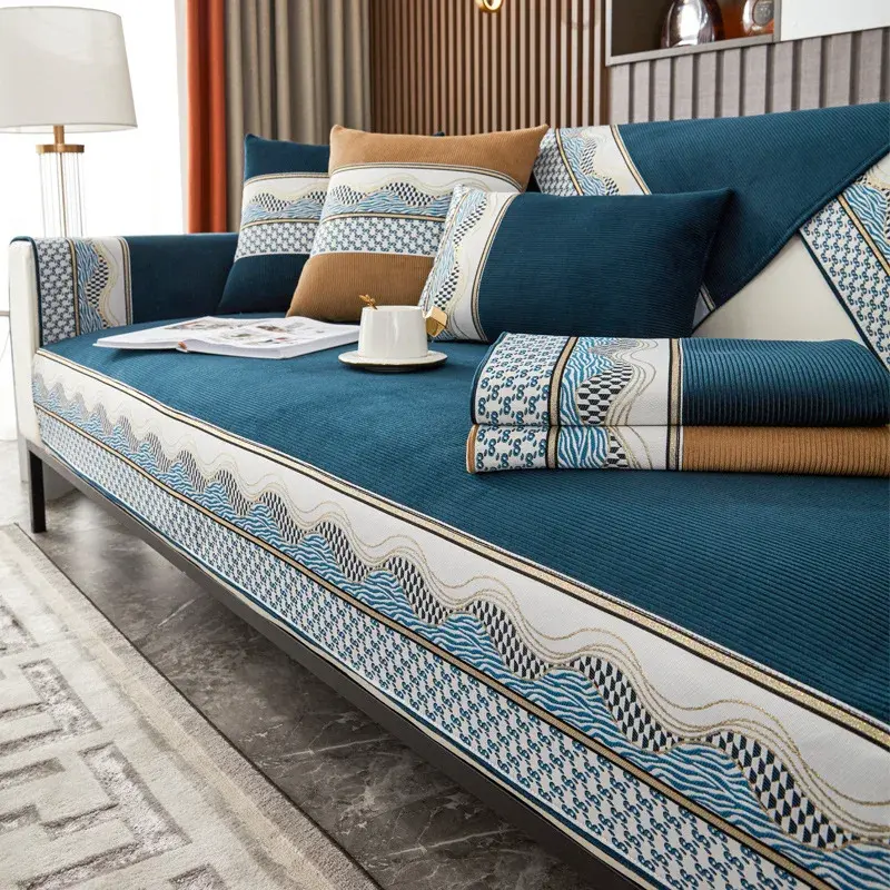 Waves Edge Sofa Cover Four Seasons Universal Chenille Sofa Pad Striped Sofa Mat for Living Room Non-Slip L Shaped Couch Cushion