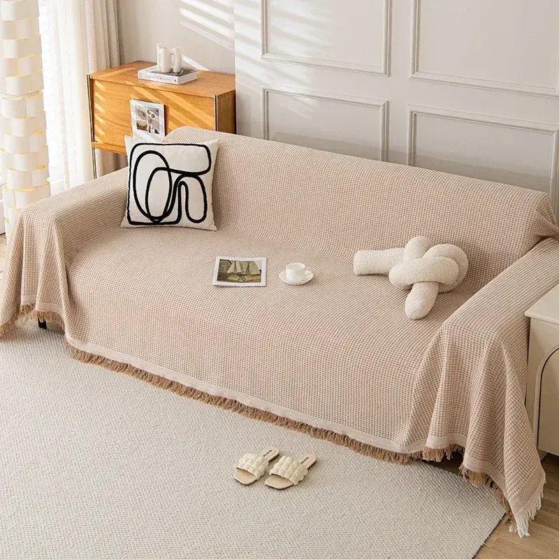 Woven Cotton Sofa Cover Blanket Solid Color Non-slip Sofa Towel for Living Room Furniture Decor Tapestry Couch Cover With Tassel