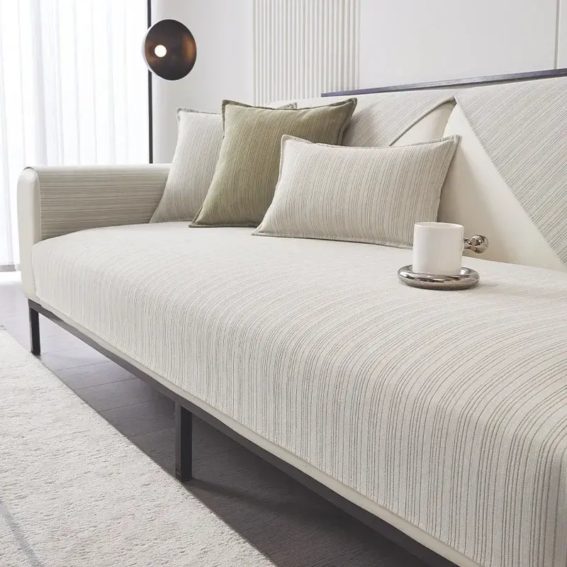 Chenille Sofa Couch Cover Solid Color Striped Weave Textured Sectional Couch Covers Anti-Slip Four Season Universal Sofa Cushion