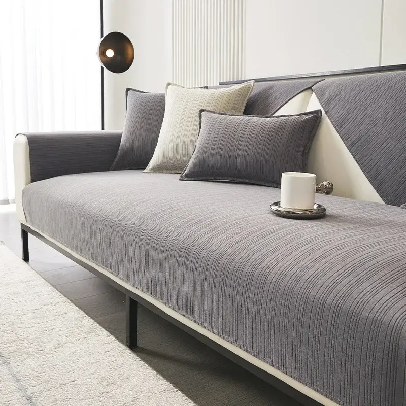 Chenille Sofa Couch Cover Solid Color Striped Weave Textured Sectional Couch Covers Anti-Slip Four Season Universal Sofa Cushion