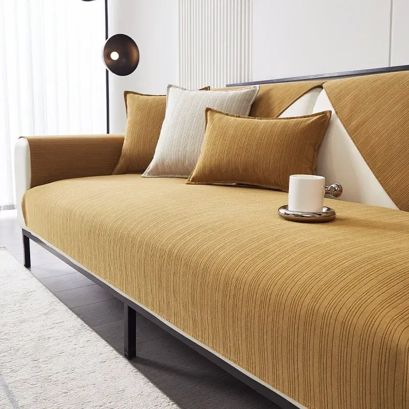 Chenille Sofa Couch Cover Solid Color Striped Weave Textured Sectional Couch Covers Anti-Slip Four Season Universal Sofa Cushion