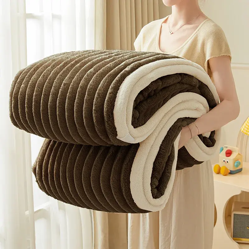 Solid Color Fluffy Blankets Thickened Wide Striped Blanket Soft Warm Sofa Bed Sheet Cover Chunky Nap Blanket Home Bedroom Decor