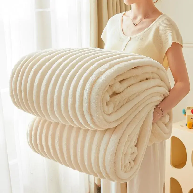 Solid Color Fluffy Blankets Thickened Wide Striped Blanket Soft Warm Sofa Bed Sheet Cover Chunky Nap Blanket Home Bedroom Decor