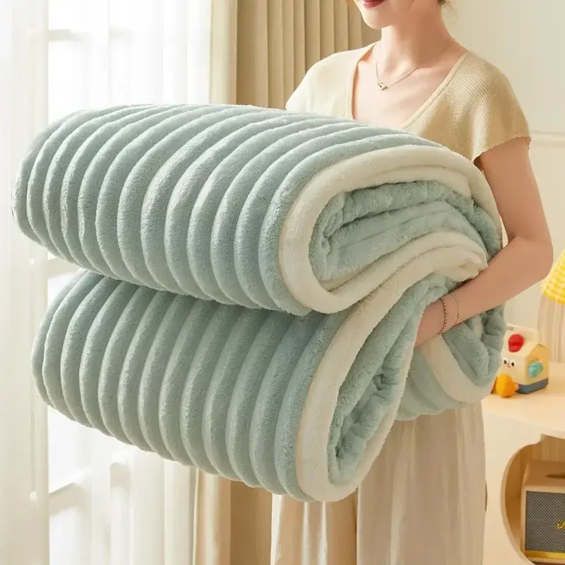 Solid Color Fluffy Blankets Thickened Wide Striped Blanket Soft Warm Sofa Bed Sheet Cover Chunky Nap Blanket Home Bedroom Decor