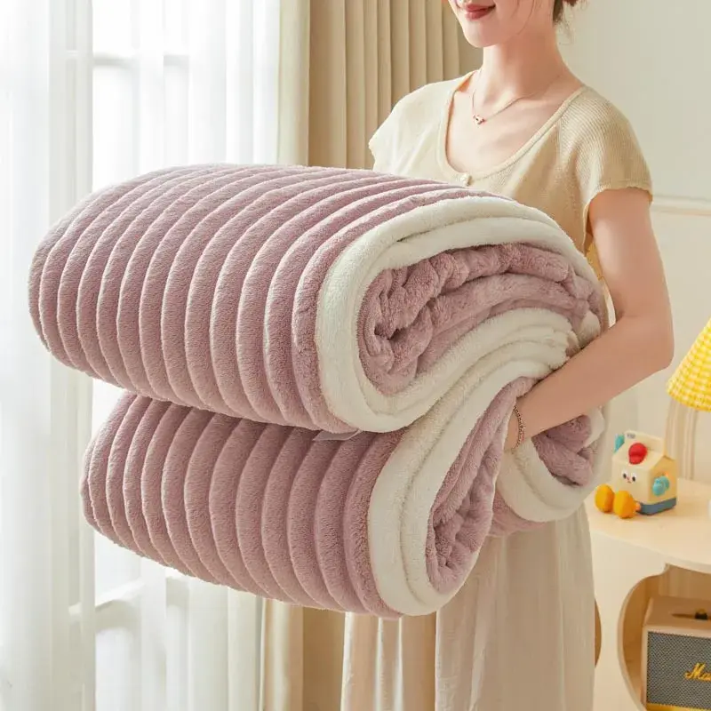 Solid Color Fluffy Blankets Thickened Wide Striped Blanket Soft Warm Sofa Bed Sheet Cover Chunky Nap Blanket Home Bedroom Decor