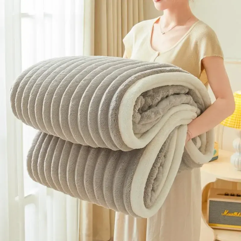 Solid Color Fluffy Blankets Thickened Wide Striped Blanket Soft Warm Sofa Bed Sheet Cover Chunky Nap Blanket Home Bedroom Decor