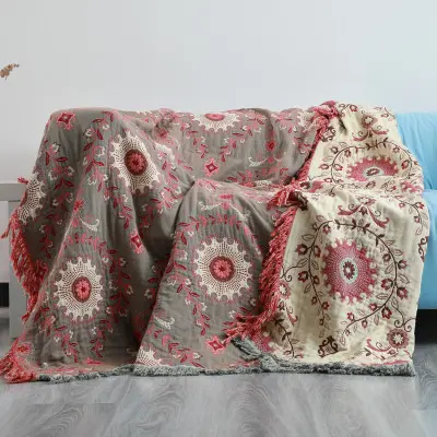 European Cotton Blanket And Throws Gauze Flowers Sofa Towel Double-sided With Tassels Four Seasons Leisure Blanket Thin Quilt