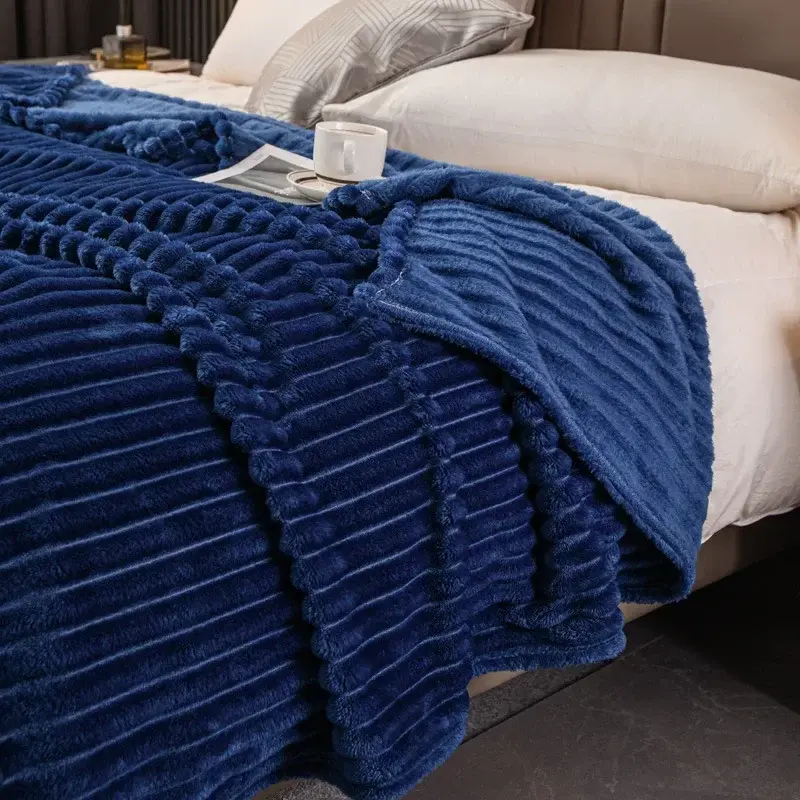 Grey Striped Blanket Thickened Milk Velvet Soft Bedspread Warm For Office Sofa Bed Household Car Air Conditioning Chair Blanket