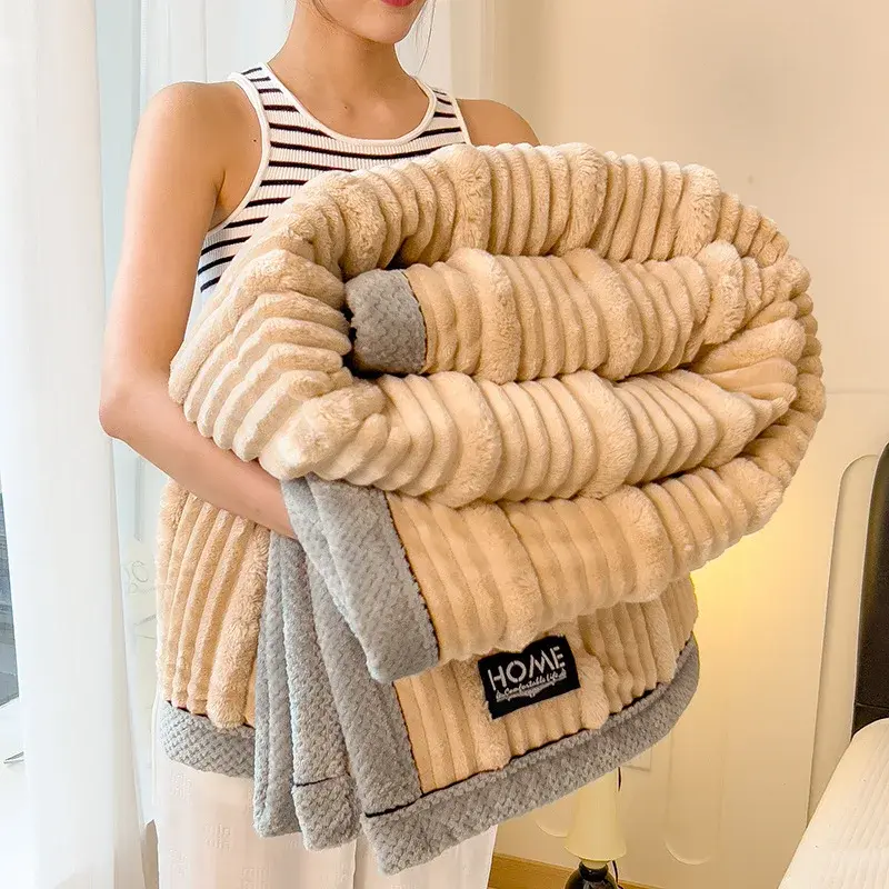 A-Class New Rabbit Plush Winter Thick Warm Coral Fleece Blanket Solid Color Double-Sided Cover Blanket Suitable Bedroom Supplies