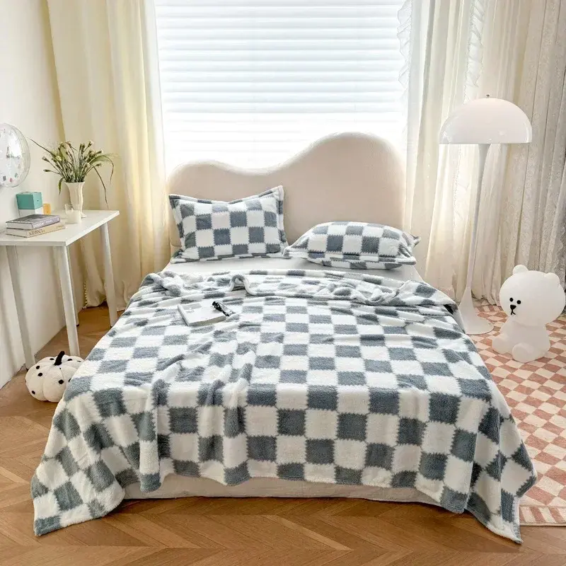 Fluffy Plaid Flannel Blanket Bedroom Sofa Throw Blanket Travel Camping Soft Plaid Multifunctional Blankets For Four Seasons