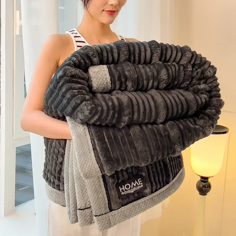 A-Class New Rabbit Plush Winter Thick Warm Coral Fleece Blanket Solid Color Double-Sided Cover Blanket Suitable Bedroom Supplies