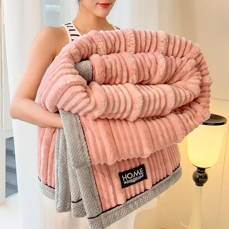 A-Class New Rabbit Plush Winter Thick Warm Coral Fleece Blanket Solid Color Double-Sided Cover Blanket Suitable Bedroom Supplies