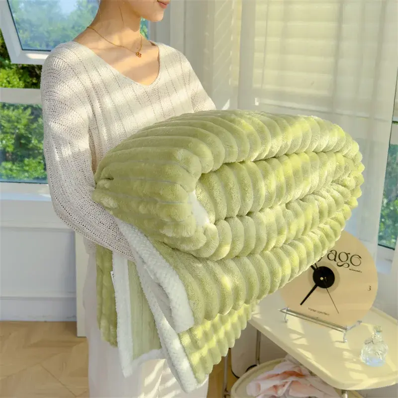 Solid Color Fluffy Blankets Thickened Wide Striped Blanket Soft Warm Sofa Bed Sheet Cover Chunky Nap Blanket Home Bedroom Decor