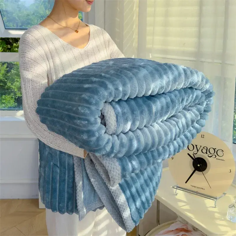 Solid Color Fluffy Blankets Thickened Wide Striped Blanket Soft Warm Sofa Bed Sheet Cover Chunky Nap Blanket Home Bedroom Decor