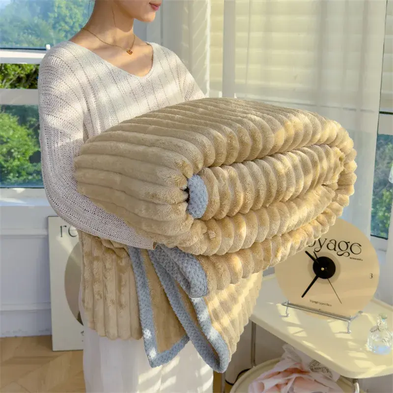 Solid Color Fluffy Blankets Thickened Wide Striped Blanket Soft Warm Sofa Bed Sheet Cover Chunky Nap Blanket Home Bedroom Decor
