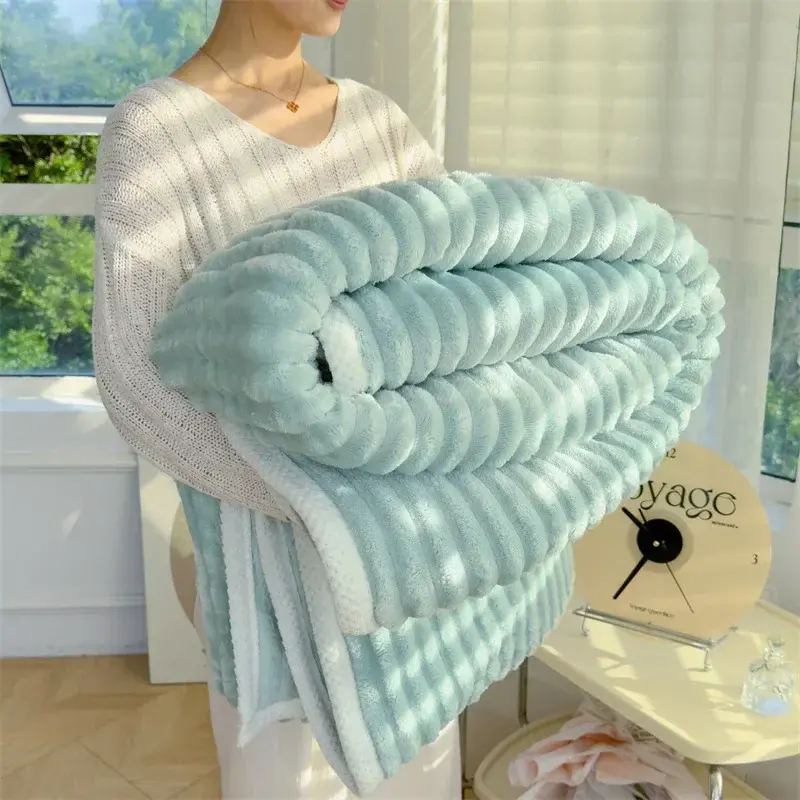 Solid Color Fluffy Blankets Thickened Wide Striped Blanket Soft Warm Sofa Bed Sheet Cover Chunky Nap Blanket Home Bedroom Decor