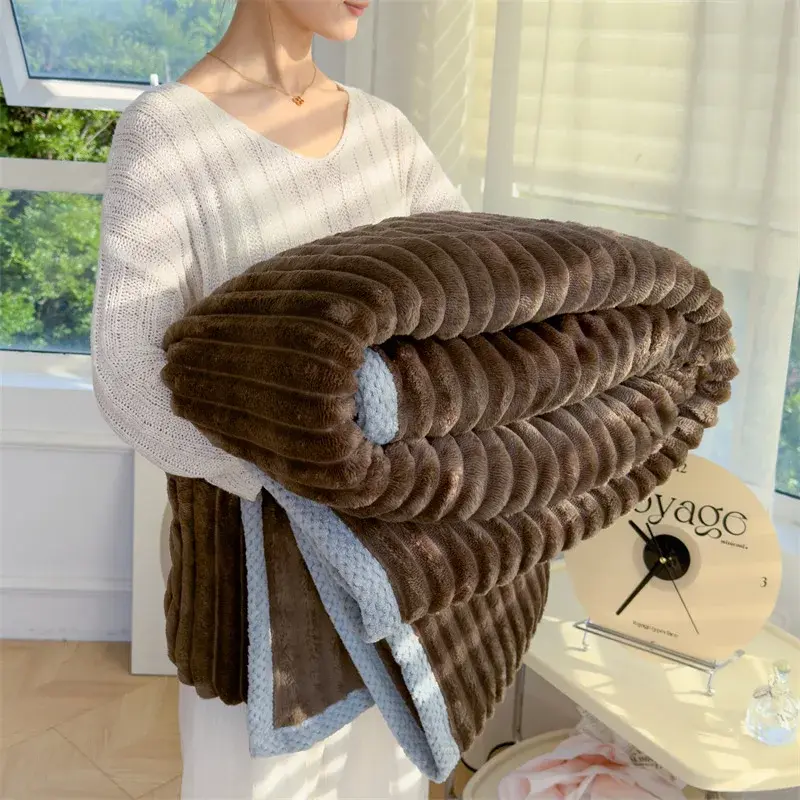 Solid Color Fluffy Blankets Thickened Wide Striped Blanket Soft Warm Sofa Bed Sheet Cover Chunky Nap Blanket Home Bedroom Decor