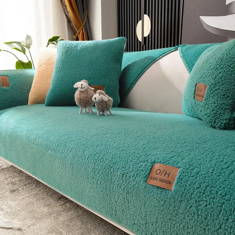 Thickened Wool Velvet Sofa Cover Winter Warm Living Room Sofa Backrest Armrest Cushion Soft Non-Slip Dustproof Decorative Cover
