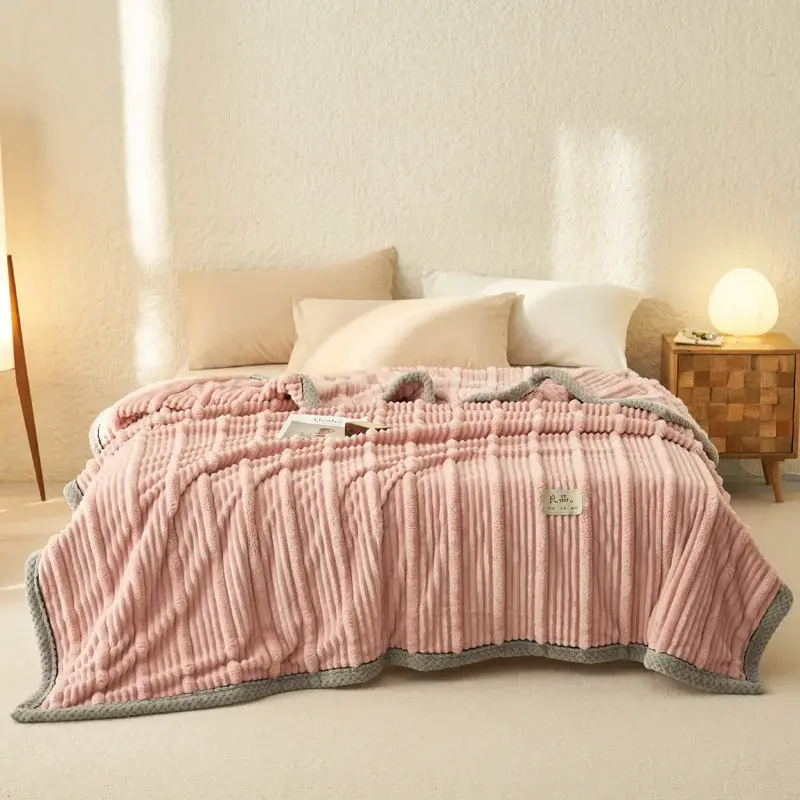 Milk Velvet Mother Strip Jacquard Solid Color Blanket Thickened Coral Velvet Sofa Air-conditioning Blanket Office Nap Blanket