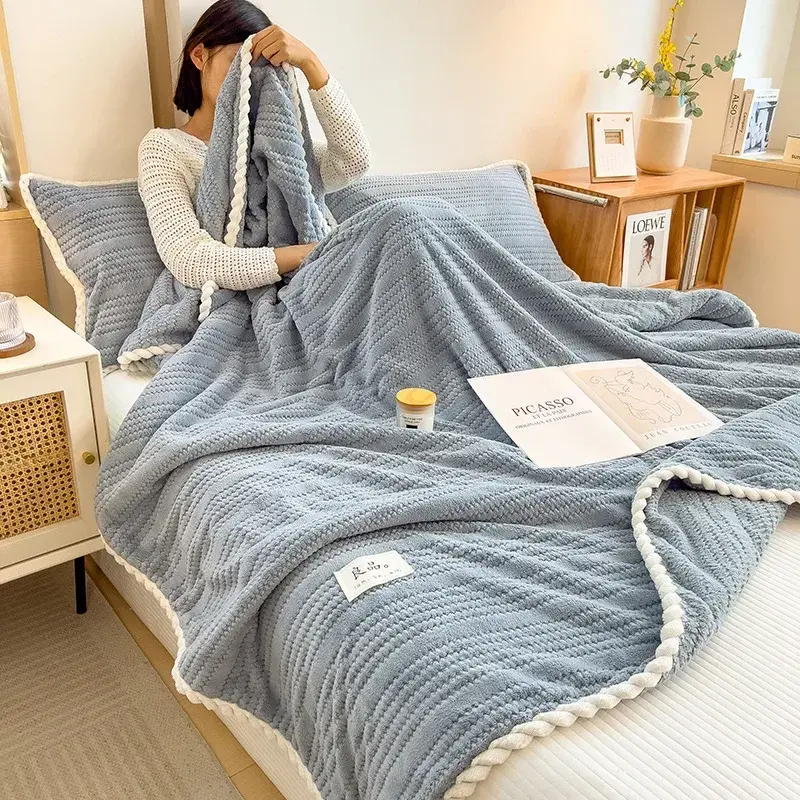 Solid Color Striped Blanket, Home Living Room Sofa Bedroom Decorative Blanket Multifunctional Travel Thicken Warm Throw Blankets