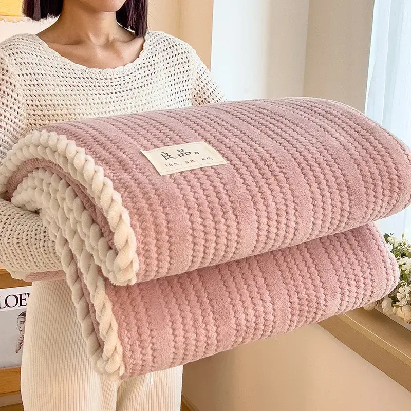 Solid Color Striped Blanket, Home Living Room Sofa Bedroom Decorative Blanket Multifunctional Travel Thicken Warm Throw Blankets