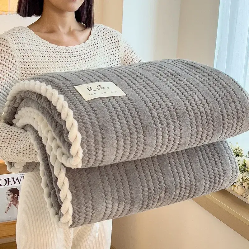 Solid Color Striped Blanket, Home Living Room Sofa Bedroom Decorative Blanket Multifunctional Travel Thicken Warm Throw Blankets