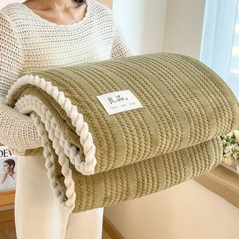 Solid Color Striped Blanket, Home Living Room Sofa Bedroom Decorative Blanket Multifunctional Travel Thicken Warm Throw Blankets