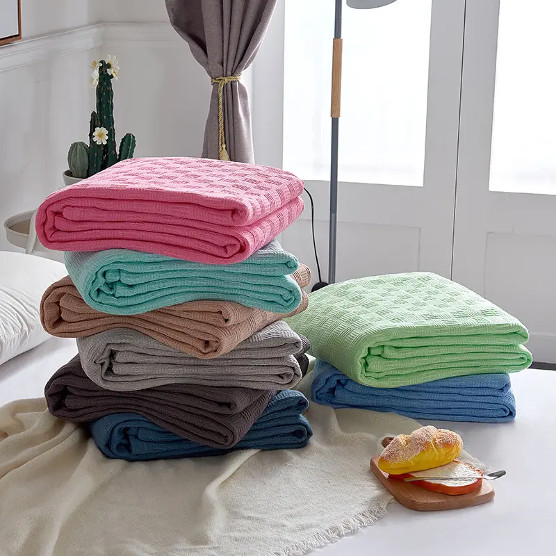 Solid Color 100% Cotton Gauze Knitted Blanket Four Season Universal Thousand Bird Grid Double-layer Blanket Ooffice Nap Blanket