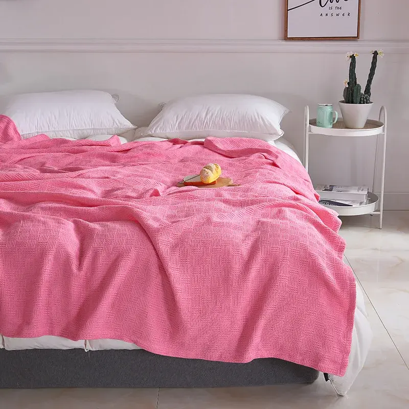 Solid Color 100% Cotton Gauze Knitted Blanket Four Season Universal Thousand Bird Grid Double-layer Blanket Ooffice Nap Blanket