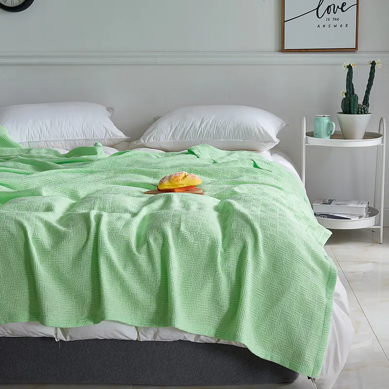 Solid Color 100% Cotton Gauze Knitted Blanket Four Season Universal Thousand Bird Grid Double-layer Blanket Ooffice Nap Blanket