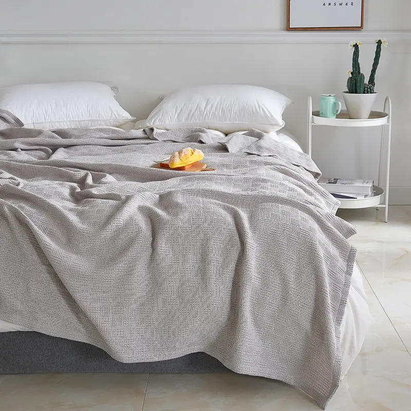 Solid Color 100% Cotton Gauze Knitted Blanket Four Season Universal Thousand Bird Grid Double-layer Blanket Ooffice Nap Blanket