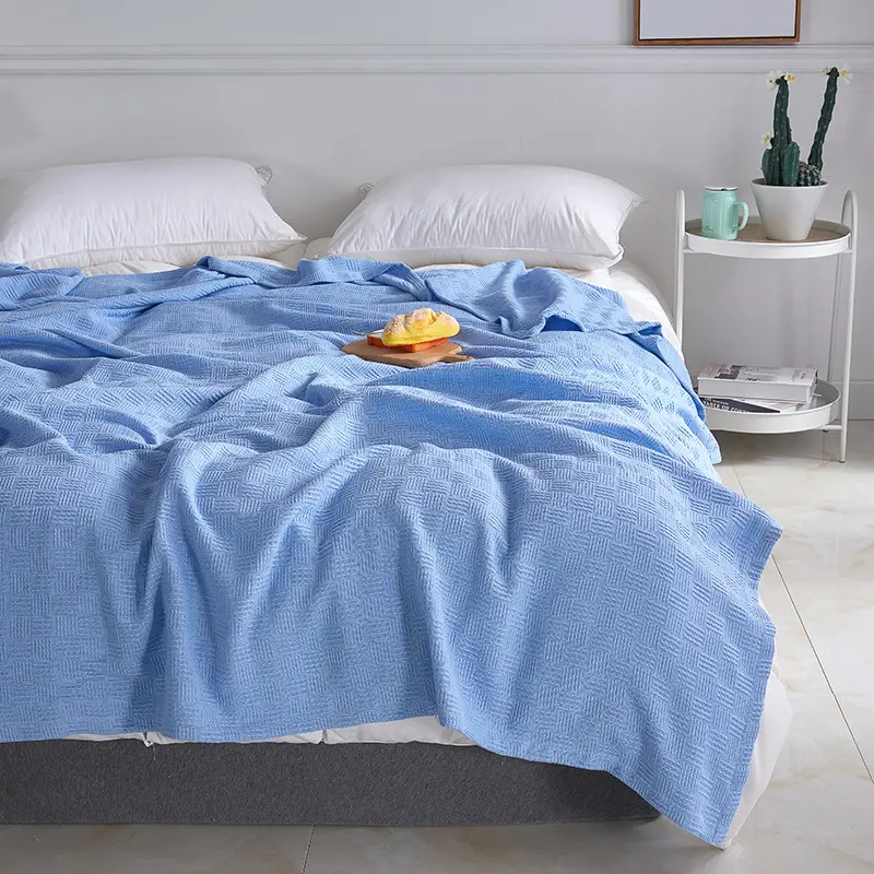 Solid Color 100% Cotton Gauze Knitted Blanket Four Season Universal Thousand Bird Grid Double-layer Blanket Ooffice Nap Blanket