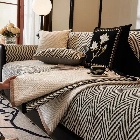 2025 New Minimalist And Modern Chenille Striped Sofa Cover Four Season Universal Anti Slip Sofa Cover Hood Cloth Cover Cloth