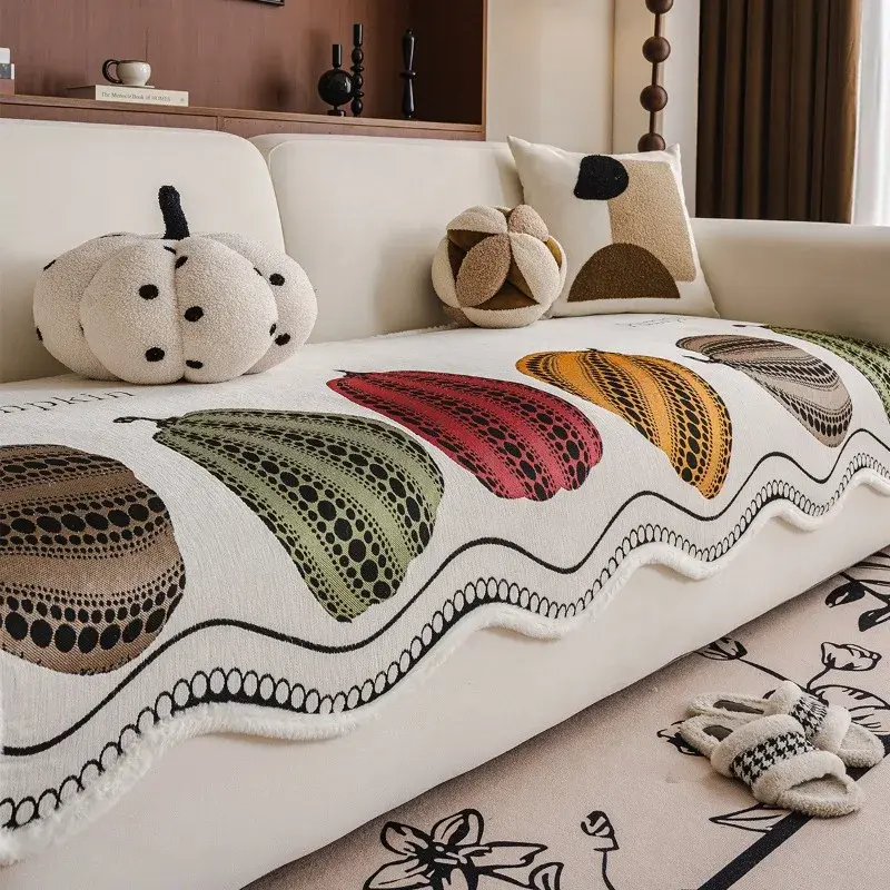 Colorful Pumpkin Chenille Irregular Shaped Sofa Cover Seasons Universal Anti Slip Living Room Straight Sofa Cover Cloth Ttowel
