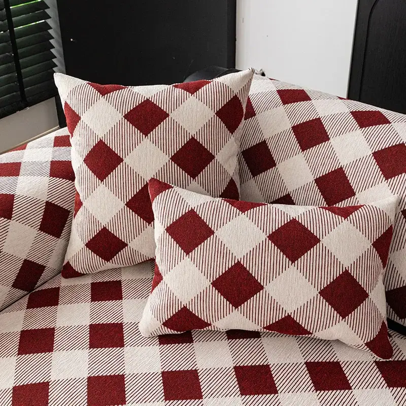 Modern Minimalist Chenille Straight Row Sofa Cushion Four Season Universal Anti Slip And Dustproof Universal Grid Cover Cloth