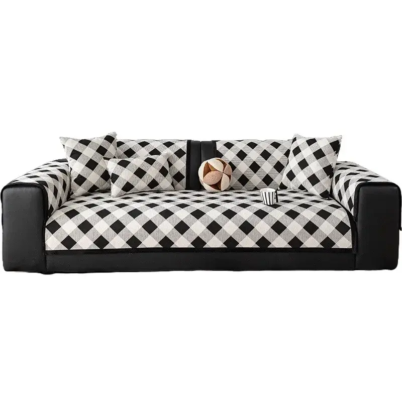 Modern Minimalist Chenille Straight Row Sofa Cushion Four Season Universal Anti Slip And Dustproof Universal Grid Cover Cloth
