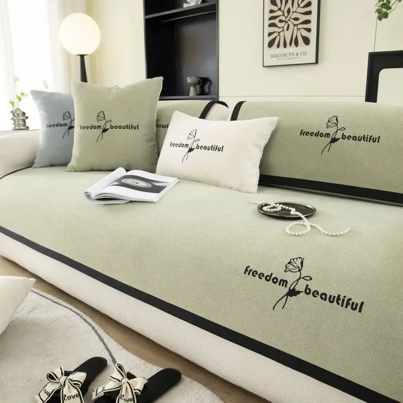 Non-slip Chenille Sofa Mat Solid Color Embroidered Lotus Flowers Sofas Cover for Living Room L-shaped Corner Home Couch Cushion
